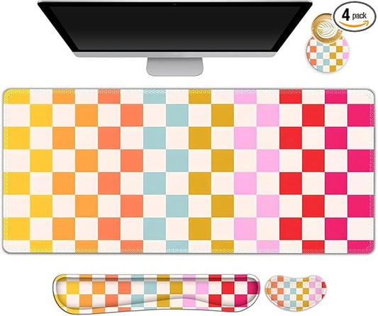 Large Gaming Mouse Pad Set, 4 in 1 Ergonomics Keyboard Desk Mat with Memory Foam Wrist Rest, Computer PC Extended Game Mousepad, Non-Slip Desk Matt Easy Typing Pain Relief I Colorful Checkered