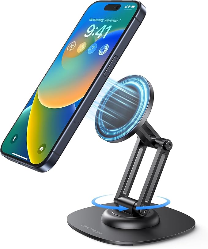 OMOTON 360°Rotating Magnetic Phone Stand for Desk, Adjustable Foldable Aluminum for MagSafe Cell Phone Stand Holder with Non-Slip Base, for iPhone 17/16/15/14 Pro Max Air/MagSafe Case- Black