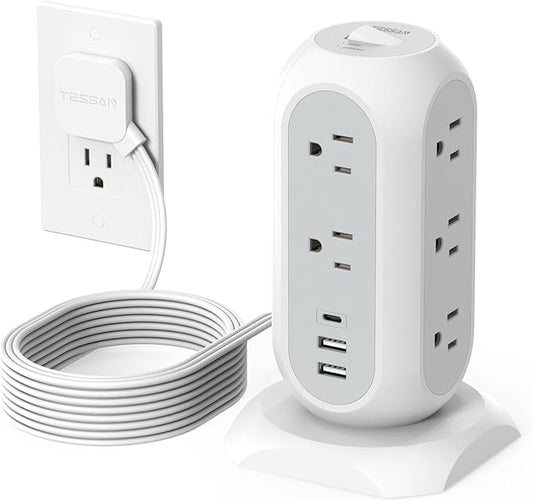 Surge Protector Power Strip Tower 10 Ft, TESSAN Flat Plug Extension Cord with 11 AC Multiple Outlets 3 USB Ports (1 USB C), 1050J Desk Charging Station for Home, Office Supplies, Dorm Room Essentials