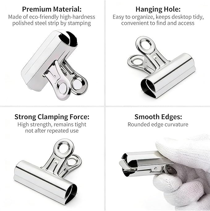 Medium Bulldog Clips, 60 Pcs, 1 Inch, Silver, 25 mm, Hinge Paper Clips, Metal Clamps for Crafts, Food Bags, Drawings, Photos