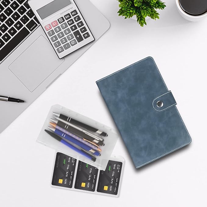 FYY A6 Binder Refillable Planner Notebook 6 Ring PU Leather Binder Journal with Pockets, Dividers, Refill Paper Navy