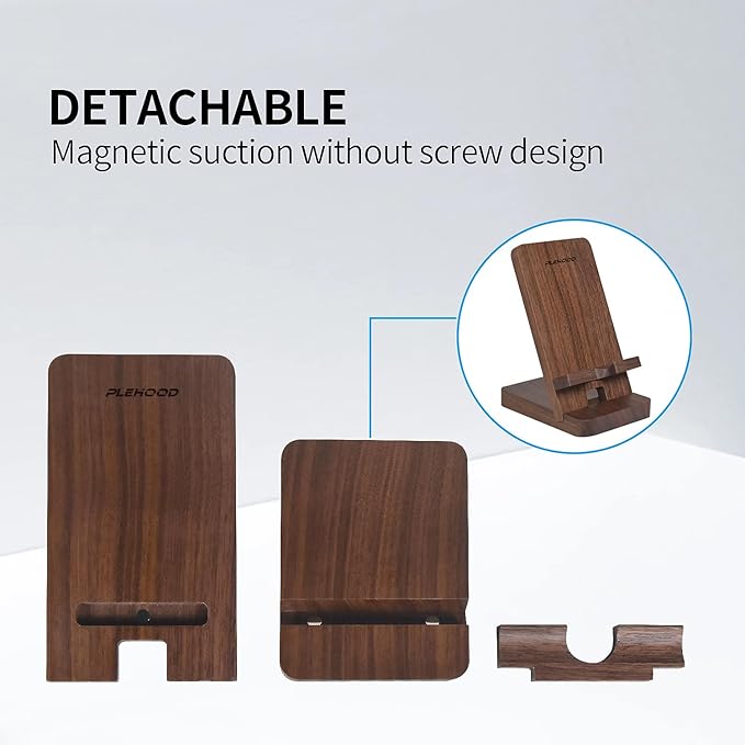 Wood Phone Stand, Desktop Wooden Phone Holder, Portable Office Phone Stand for Desk, Wood ipad Stand, Compatible with iPhone & All Cell Phones (Walnut)