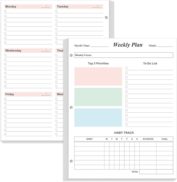 3-Hole Weekly Planner Refills - 53 Sheets/106 Pages Colorful Weekly Planner for 3 Ring Binders, 100 gsm White Paper, Lasts 1 Year, Undated, 8.5'' x 11''