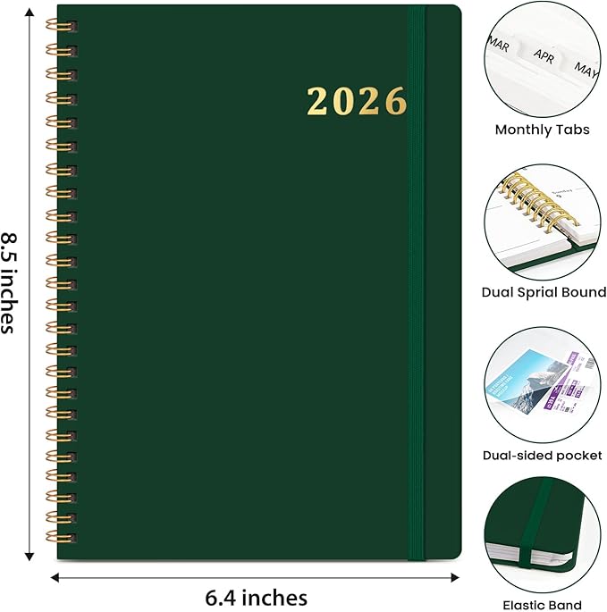 2026 Planner, Weekly and Monthly Calendar Planner Book, January 2026 - December 2026, Hardcover Spiral Planner with Monthly Tabs, Notes Pages, Perfect for Women & Men, A5 (6.4" x 8.5") - Dark Green