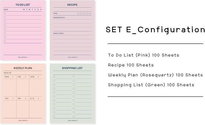 Day By Day Mini Planner Pads, Aesthetic Korean Style Tear-off Planning Pad, Pack of 4 Designs, 100 Sheets each design (Total 400 Sheets), Lovely Assorted Color, Portable Size 3.15 x 4.13", SET_E [ To Do List + Shopping List + Weekly Plan + Recipe ]