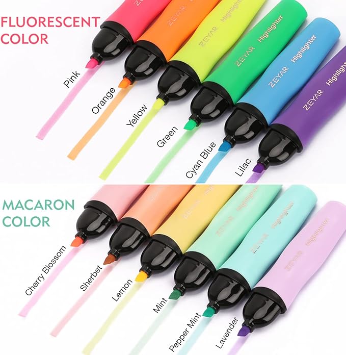 ZEYAR Aesthetic Highlighter Pen, Chisel Tip Marker Pen, AP Certified, Assorted Colors, Water Based, Quick Dry, Cute Highlighters, Patented Product (6 Macaron Colors & 6 Candy Colors)