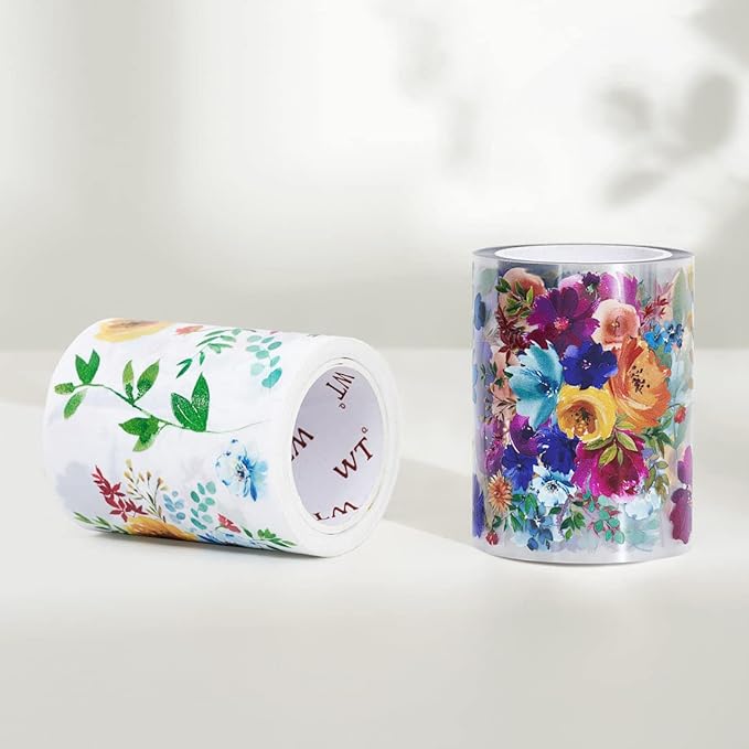 WT Pretty Florals Wide PET Tape, Single Roll, Original Designs, Floral Decorative Tape, Transparent Craft Tape for Bujo Planner & DIY Supplies, Watercolor Flowers