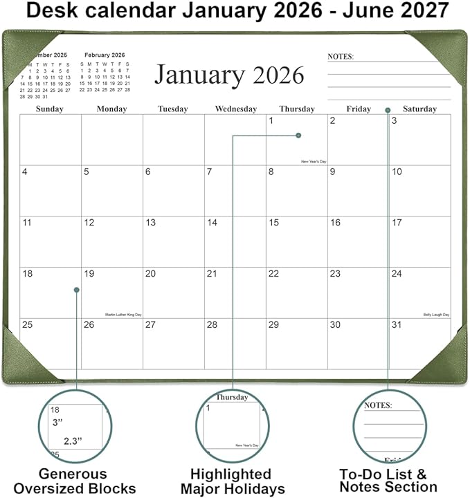 Simplified Desk Calendar 2026 with Desktop Mat, 18 Month Large Desk Pad Calendar from January 2026 to June 2027, 22" x 17" Desk Pad Calendar 2026-2027 for Home, School Office, Green