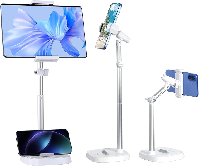 UTEBIT Phone Stand for Desk, 11.8''-17.7''Height Adjustable Tablet Phone Holder for Desk, Universal iPhone Holder Retractable Cell Phone Stand Recording Office for iPhone 17 16 15 Pro Max Air, White