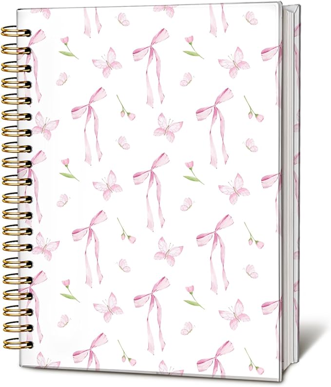 Pink Bow Floral Journal, Floral Botanical Notebook,Preppy Gifts for Women, Hardcover Spiral Notebook 80 Sheets -160 Pages 5.5x8.3 Inch