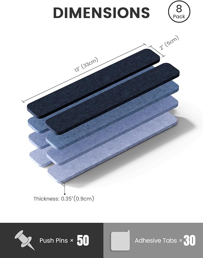 Fluxynara Cork Board Alternative Felt Strip Board 8-Pack 13"x2", Office Pin Board with 50 Push Pins, Adhesive Install for Bedroom Door & Home Office(Denim Mist)