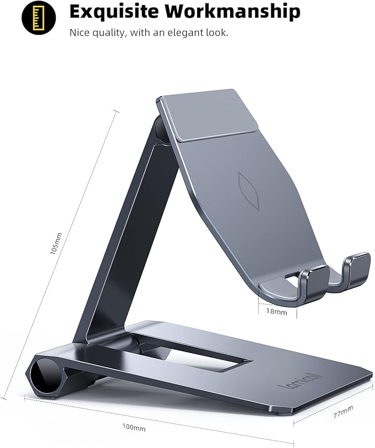 Lamicall Aluminum Metal Adjustable Cell Phone Stand Desk - Heavy Duty Aluminum Metal Foldable Desktop Phone Holder, Cradle, Dock, for iPhone 16 15 14, Plus, Pro, Pro Max, 13 12 X XS,4-11'' Phone Grey