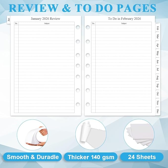 2026 Monthly Planner Refills, Two Pages Per Month,Jan 2026 to Dec 2026, A5 Size,5.8" x 8.25",7-holes punched,2026 planner inserts