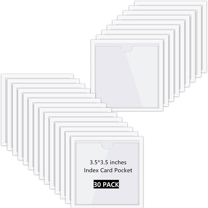 Chinco 30 Pcs Self Adhesive Pockets, Bin Labels for Storage Bins, Clear Pocket Label Sleeves, Plastic Index Card Holder with Top Open for Organizing Bins Box Drawer(3.5 x 3.5 Inch)