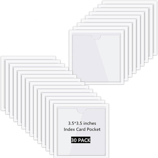 Chinco 30 Pcs Self Adhesive Pockets, Bin Labels for Storage Bins, Clear Pocket Label Sleeves, Plastic Index Card Holder with Top Open for Organizing Bins Box Drawer(3.5 x 3.5 Inch)