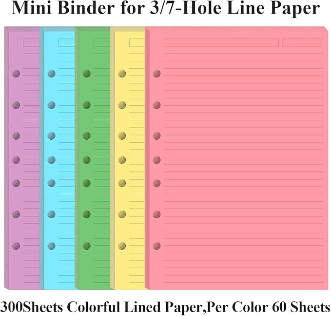 (3-Pack) Mini Binder 5 Colorful Line Paper for 3 or 7 Ring Binders - 300 Sheets/600 Pages Loose Leaf Paper Line Refills, Per Color 60 Sheets, Desk Size 4, 5.8" x 8.5"