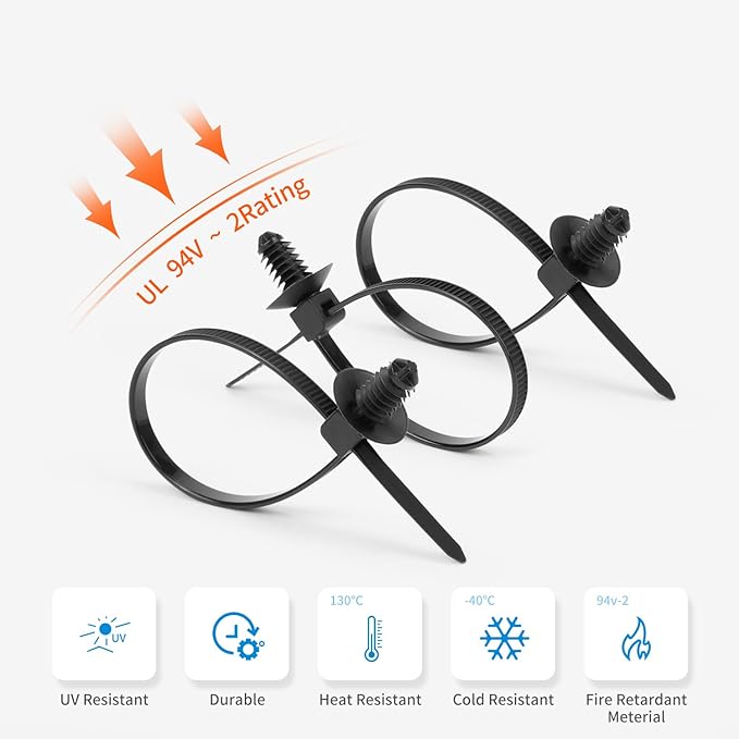 110 PCS Automotive Installation Black Push Mount Cable Zip Ties Assorted Sizes, Heavy Duty Self-Locking UV Resistant Wire Ties - For Indoor Wire Bundling, Construction, Automotive