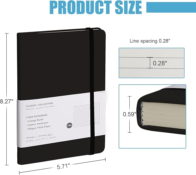 Lined Journal Notebook, 10Pack Hardcover Notebook for Men & Women – Journals for Writing, Work, School, Home & Daily Notes, 160 Pages – Medium A5, 5.7"x8", 100 gsm Thick Paper (Black)