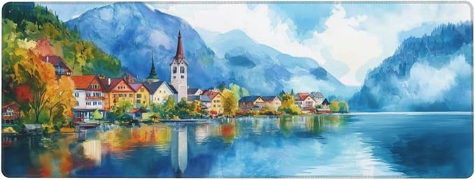 Watercolor Village Mouse Pad XL Large Mousepad Non Slip Rubber Base Desk Mat for Laptop Computer Gaming 31.5" X 12"
