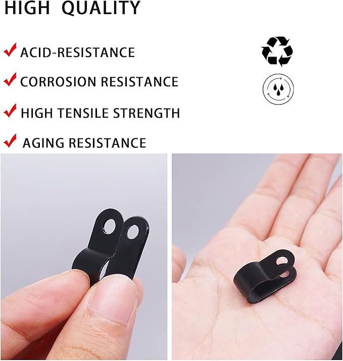 mankk 100PCS 1/4 Inch Rope Light Clips P-Style Mounting Clips Plastic Cable Clamps with Compatible Stainless Steel Pan Head Phillips Screws for Wire Management M-034-BK-LS