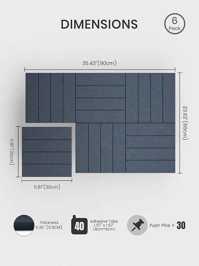 Bumusty Large Cork Board Alternative-36 x 24" Felt Bulletin Board Tiles, with 30 Pushpins, 40 Adhesive Tabs, 6-Pack Slat Wall Paneling, Cork Boards for Office Push Pin Board-Deep Charcoal Blue