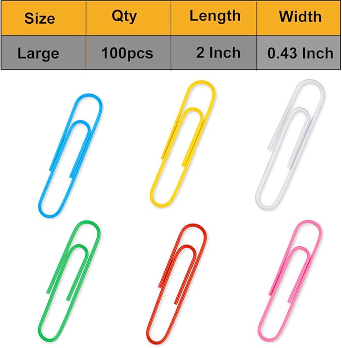 Vinaco Paper Clips Colorful, 100 Pack Large Paper Clips 2 Inch (50 mm), Durable & Rust Resistant, Jumbo Paper Clip, Colored Paper Clip. Great for Office, School and Personal Use (Multicolored)