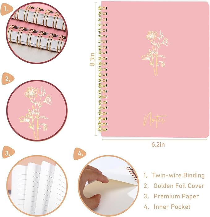 Spiral Journal Notebook for Women, A5 Aesthetic Notebook, 8"X6" college-ruled writing journal, cute notebook suitable for work notebooks, school notebooks and bible journal(pink)