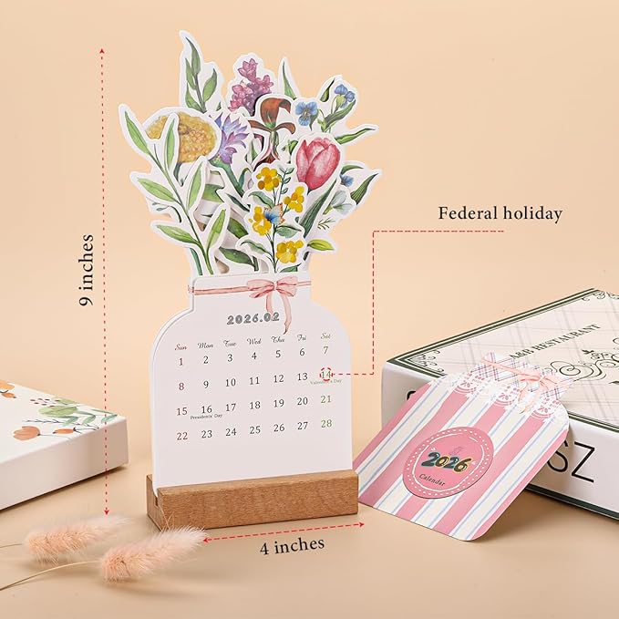 Bloomy Flowers Desk Calendar 2026 Small Desk Calendar Mini Standing Decorative Floral Desktop Calendar for Home Office School Desk Accessories