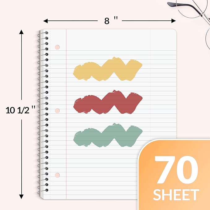 SUNEE Spiral Notebooks, 3 Pack, 1-Subject, College Ruled Paper, 8" x 10-1/2", 70 Sheets per Notebook, Assorted Colors Spiral Notebooks for School (Yellow, Red, Sage Green)
