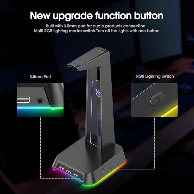 RGB Headphone Stand with 3.5mm AUX and 3 Port USB 2.0 Hub, Universal Gaming Headset Hanger Holder for Computer Gaming Gamer Accessories (Black)