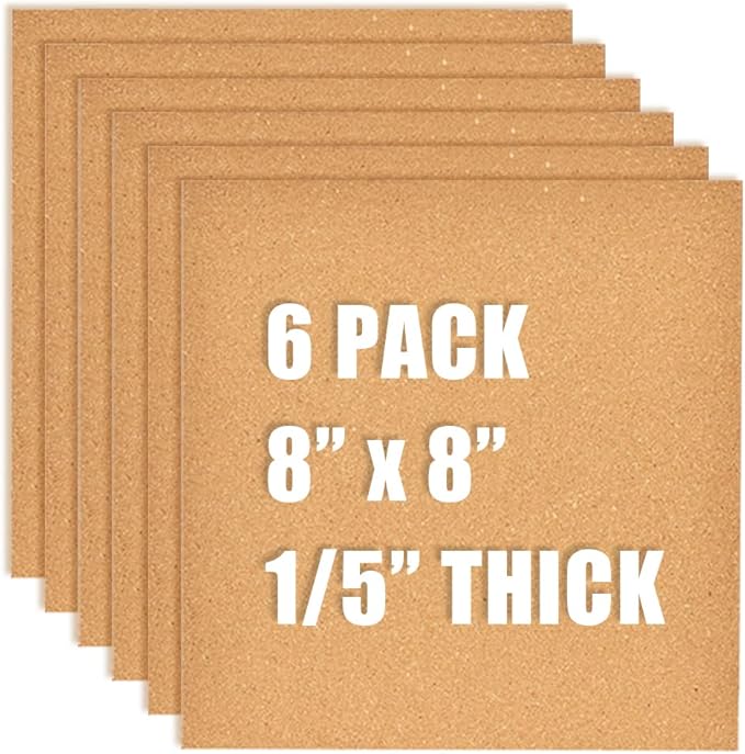 8x8 Cork Board Tiles Bulletin Board, 1/5" Thick Small Square Cork Boards for Walls, Self-Adhesive Cork Tiles for Home, Office, School, Bulletin Board Decorations(5mm,6pc)