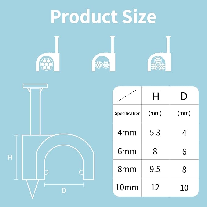 Cable Clips, 400 Pcs, 4mm 6mm 8mm 10mm, Wire Wall Clips with Steel Nails, Cable Management Organizer Clip, Cable Tacks Coax Holder Clip, RG6 RG59 CAT6 RJ45 Cable Cord Staples, Black