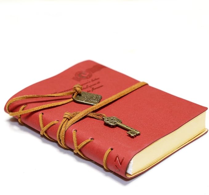 EvZ Leather Writing Journal Notebook, 7 Inches Key Bound Retro Vintage Notebook Diary Sketchbook Gifts with Unlined Travel Journals to Write in for Girls and Boys Notepad Guest Book, Red