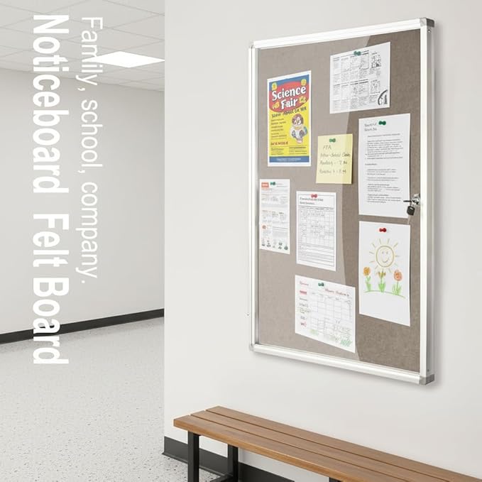 BIBOC Enclosed Felt Bulletin Board 36x24 inch Lockable Cork Noticeboard Display Cases Tamperproof Notice Poster Memo Board with Class Aluminum Frame (Felt, 24×36 inches)