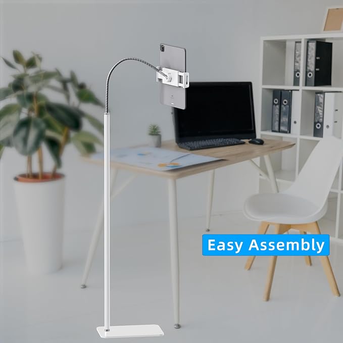 Tablet Floor Stand Holder with Flexible Gooseneck and Stable Base, Compatible with Tablet and Cell Phones (3.5''-9.7''), White
