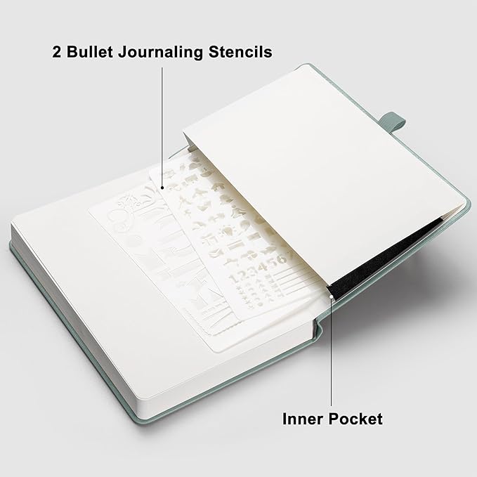 RETTACY Dotted Journal Notebook, 192 Pages, A5 Medium Size (5.7'' x 8.3''), Leather Hardcover, 100 GSM Thick Paper, for Bullet Journaling, Planning, Tracking (Blue-gray)