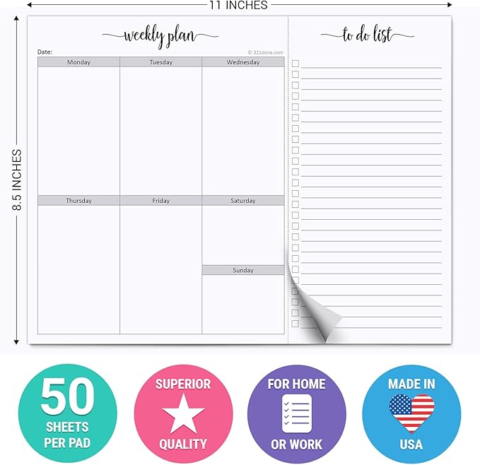321Done Weekly Plan Checklist Notepad - 50 Sheets (8.5x11) Perforated To Do Memo Pad - Made in USA (With Headers)