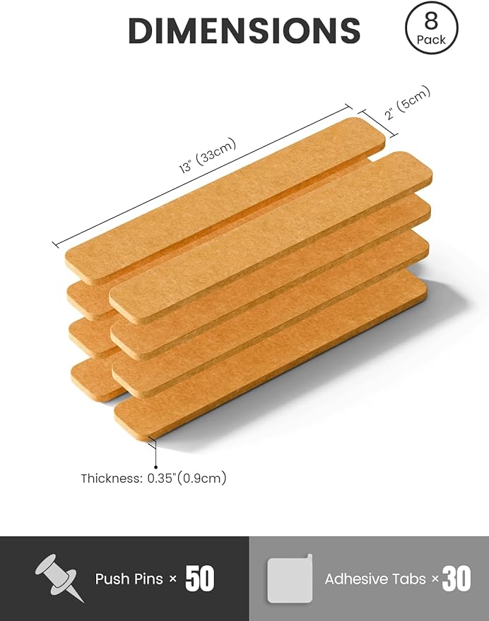 Fluxynara Cork Board Alternative Felt Strip Board 8-Pack 13"x2", Office Pin Board with 50 Push Pins, Adhesive Install for Bedroom Door & Home Office(Sunset Yellow)