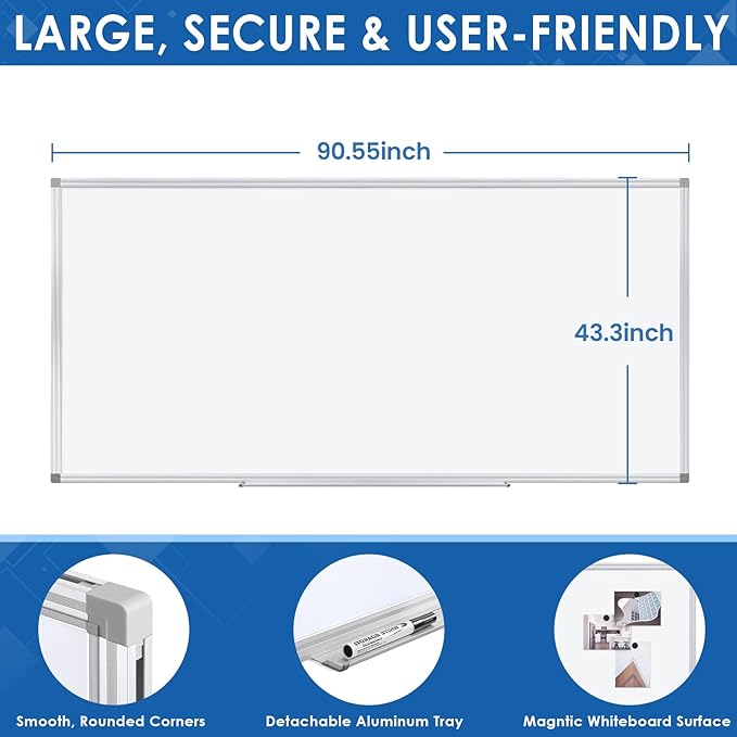 Swansea Magnetic Dry Erase Whiteboard 90 x 43 inches, Large White Board Dry Erase for Wall with Silver Aluminum Frame & Marker Tray for School Office Home, 230 x 110 cm