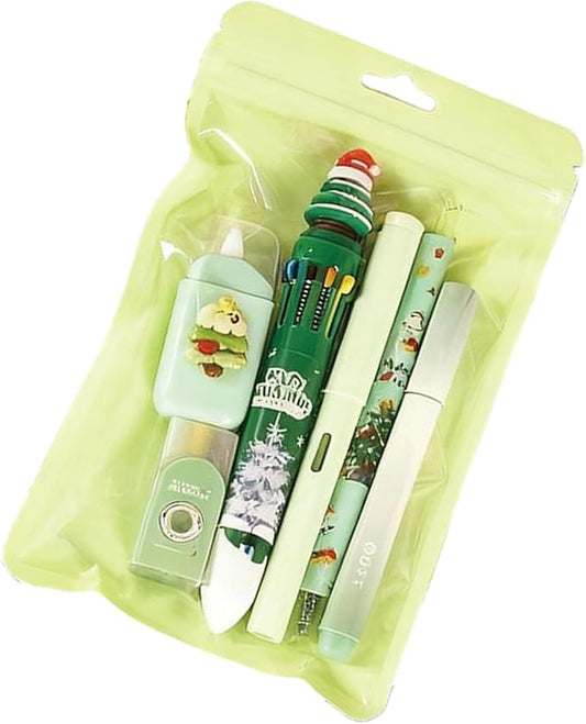 6 Pcs Cute Christmas Stationery Set for Women Men Xmas School Supplies Office Supplies Including Gel Ink Pens Ballpoint Pens Pencil Eraser Christmas Gift (Xmas-Green)