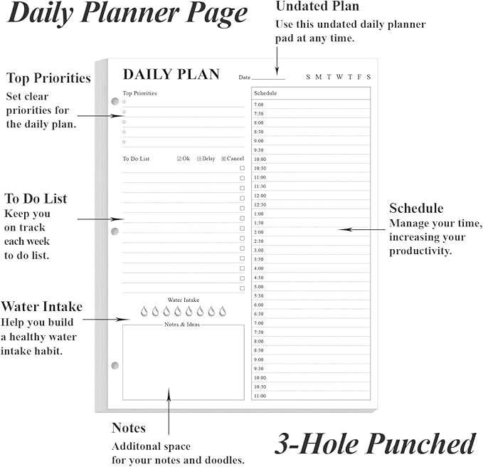(2-Pack) Undated Daily Planner Refill - A4 Planner Inserts, 200 Sheets/400 Pages Planner and Lined Refill, 3 Hole Punched To Do List Refills, 100 gsm White Paper, 8.5'' x 11''