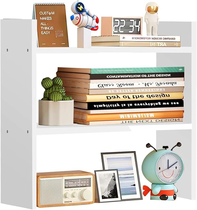 Wood Desk Organizer - Small Desk Shelf, 2 Tier Desktop Bookshelf for Workspace Organizers Dorm, White Desktop Shelf Organizer