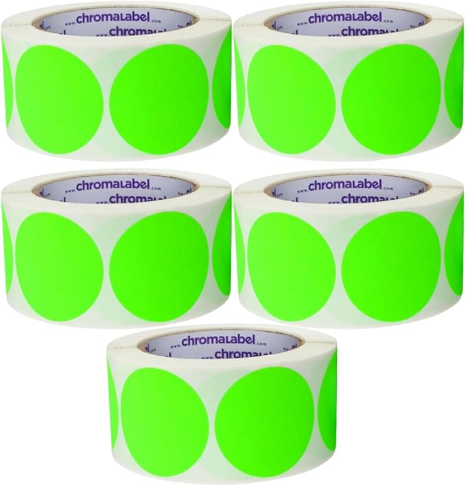 ChromaLabel 2 Inch Round Colored Stickers, High Visibility Removable Sticky Dots, Easy to Write On Color Coding Labels, 500 Sticker Dots per Roll, Matte Finish Fluorescent Green - Case of 5
