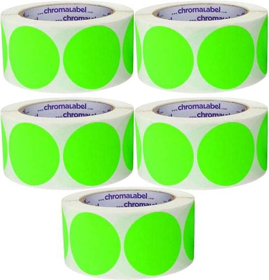 ChromaLabel 2 Inch Round Colored Stickers, High Visibility Removable Sticky Dots, Easy to Write On Color Coding Labels, 500 Sticker Dots per Roll, Matte Finish Fluorescent Green - Case of 5