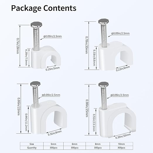 LeMotech 1200pcs Cable Clips 5/6/8/10mm Cable Nail Clips Cable Tacks Coaxial Nail Clamps for Cable Cord Management RG6 RG59 CAT5 CAT6 RJ45 Electrical Ethernet Coaxial Clamps, White