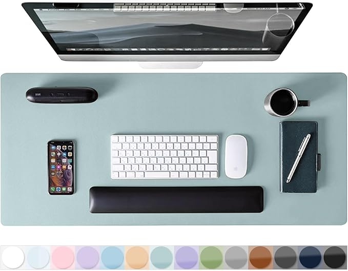 Mouse Pad Desk Protector Mat, Large PU Leather Office Desk Mat, Non-Slip Desk Pad for Keyboard and Mouse, Waterproof Desk Blotter Pad for Writing, Smooth Laptop Desk Pads, Light Teal (15.7''X31.5'')