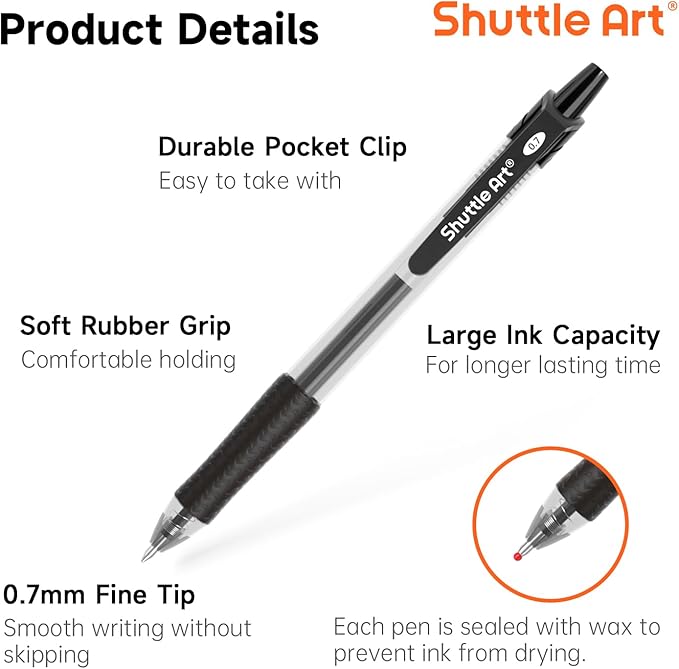 Shuttle Art Retractable Gel Pens, 20 Pack 0.7mm Medium Point Rollerball 10 Black 5 Red 5 Blue Ink Pens Smooth Writing with Comfortable Grip for Writing Journaling Taking Notes Office School Home
