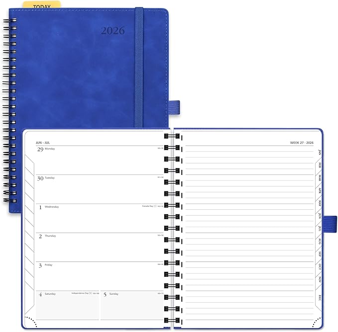 POPRUN 2026 Planner Weekly Notebook (Jan-Dec), Medium 8.5''x 6.5'' - Agenda 2026 Calendar Book with Monthly Tabs, Inner Pocket, Spiral Soft Cover, 100 GSM TJ - Royal Blue