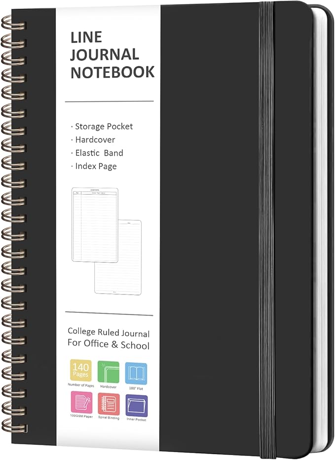 Journaling Notebooks, A5 Lined Spiral Notebook for Women & Men, 146 Pages College Ruled Hardcover Note Book for Work, Note Taking, Journaling, School, Writing (BLACK)