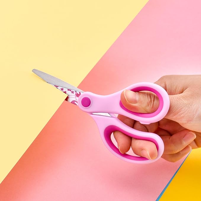 5" Kids Safety Scissors 3 Pack, Blunt-Tip Stainless Steel Blades (Print Design) & Ergonomic Comfort Handles, for Toddlers, Children, Small School Students, Craft Cutting Paper, Assorted Colors